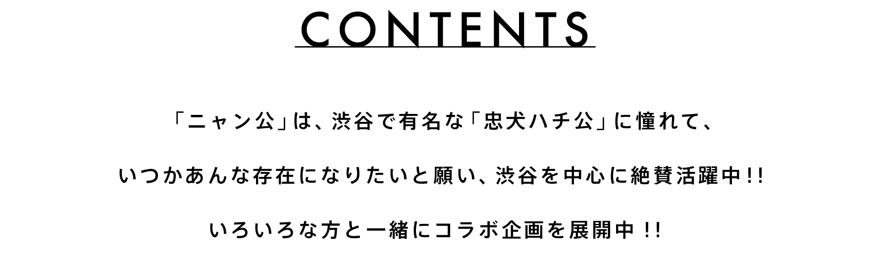 CONTENTS　「ニャン公」は、渋谷で有名な「忠犬ハチ公」に憧れて、いつかあんな存在になりたいと願い、渋谷を中心に絶賛活躍中！！いろいろな方と一緒にコラボ企画を展開中！！